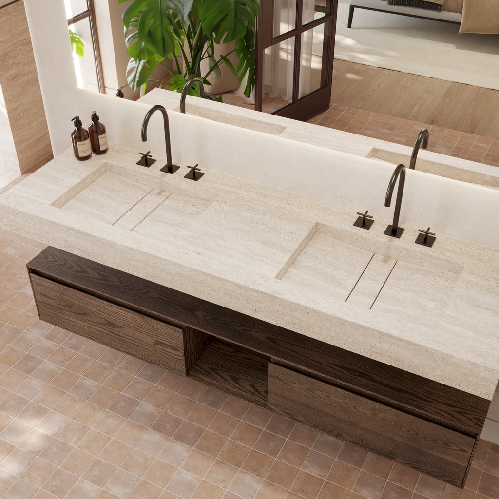 Hatysa Slim Marble Double Wall-Hung Washbasin Travertine Marble Side View