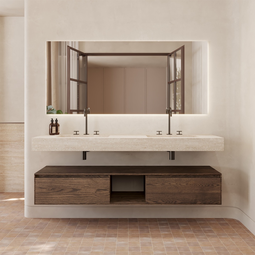 Hatysa Slim Marble Double Wall-Hung Washbasin Travertine Marble Front View