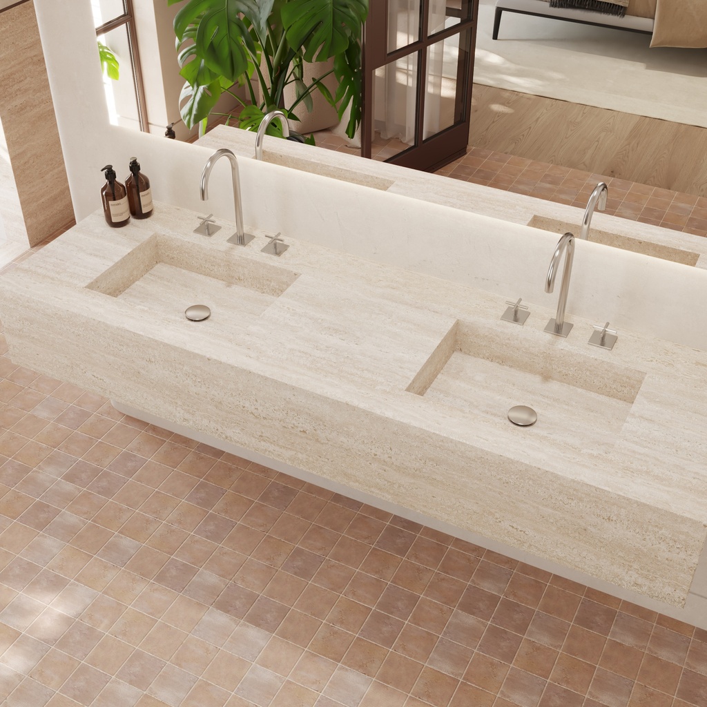 Andromeda Deep Marble Double Wall-Hung Washbasin Travertine Marble Side View