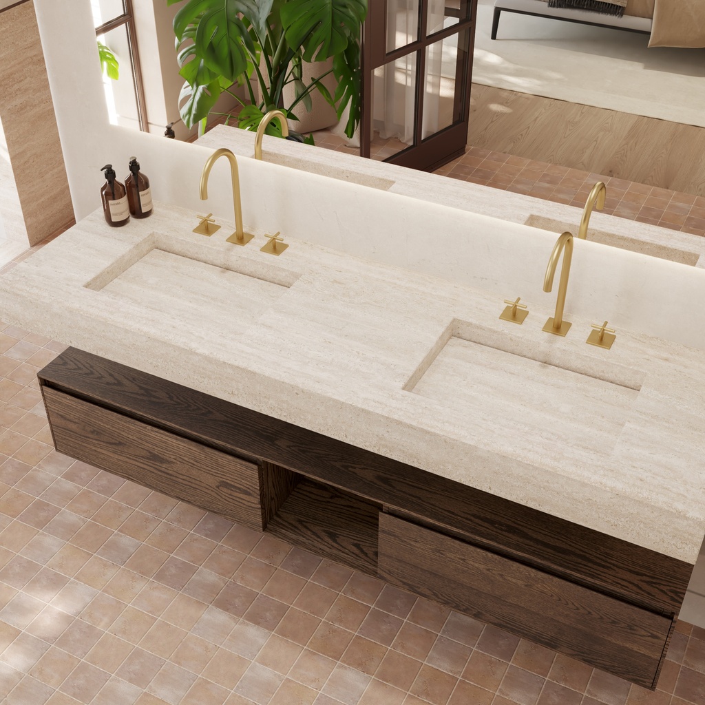 Gliese Slim Marble Double Wall-Hung Washbasin Travertine Marble Side View