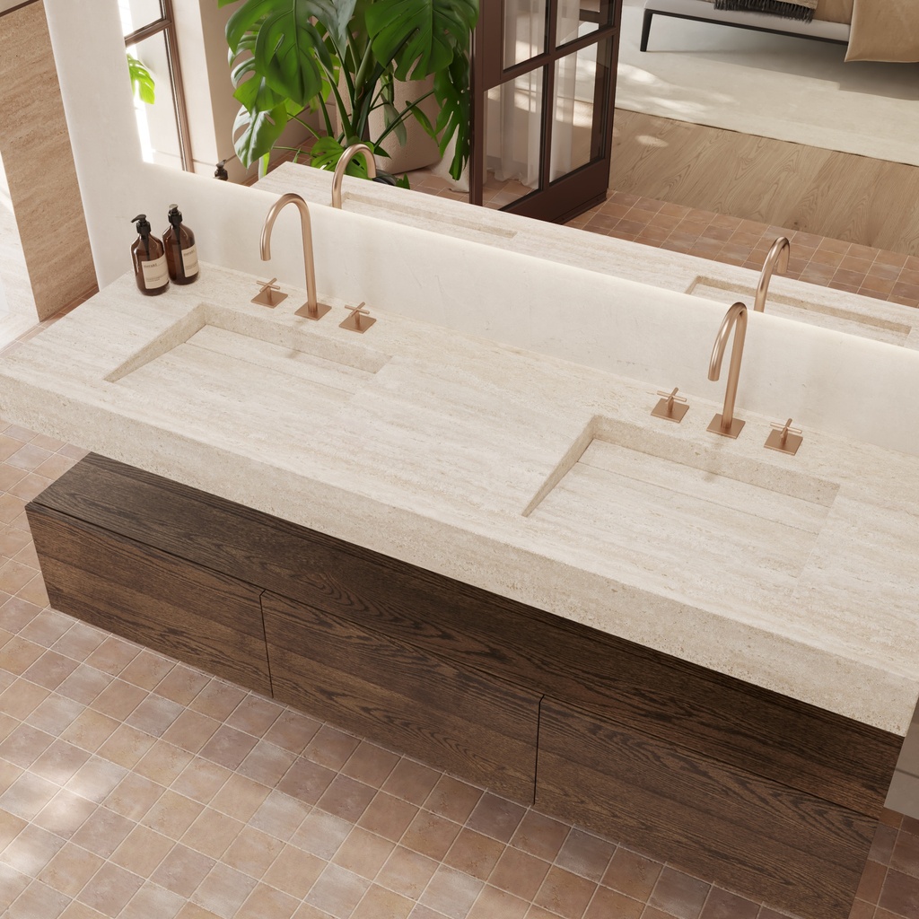 Cassiopeia Slim Marble Double Wall-Hung Washbasin Travertine Marble Side View