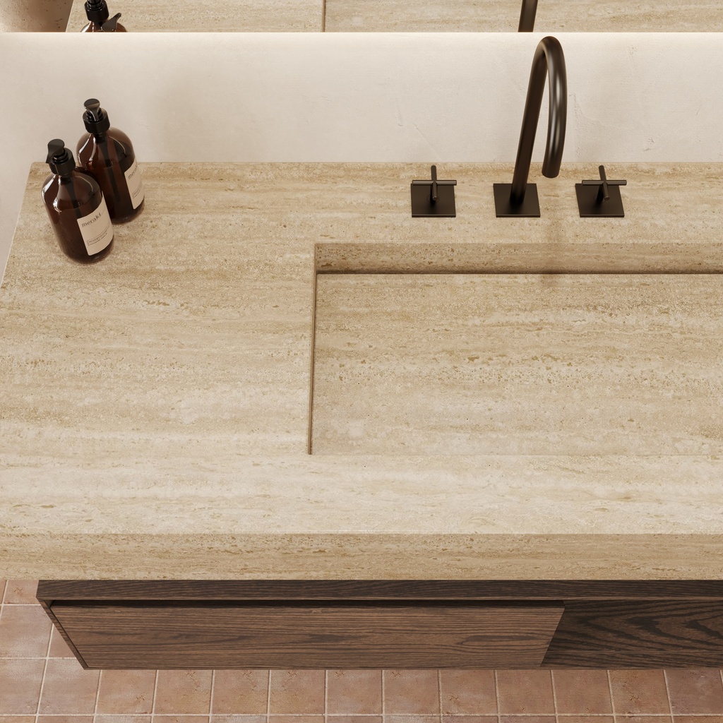 Gliese Plus Slim Marble Wall-Hung Washbasin Travertine Top