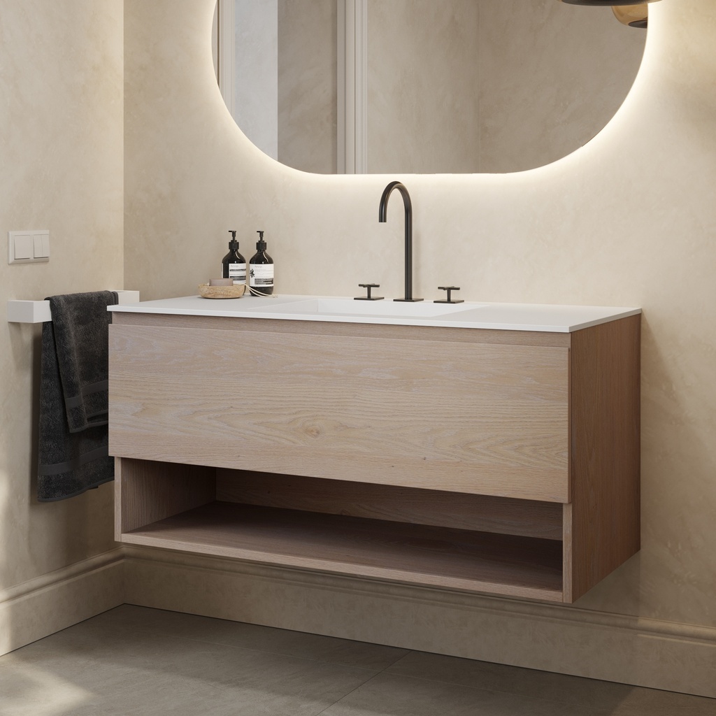 Athena Wood Vanity Unit with Corian® Basin | 1 Drawer · 1 Shelf Light Std Side