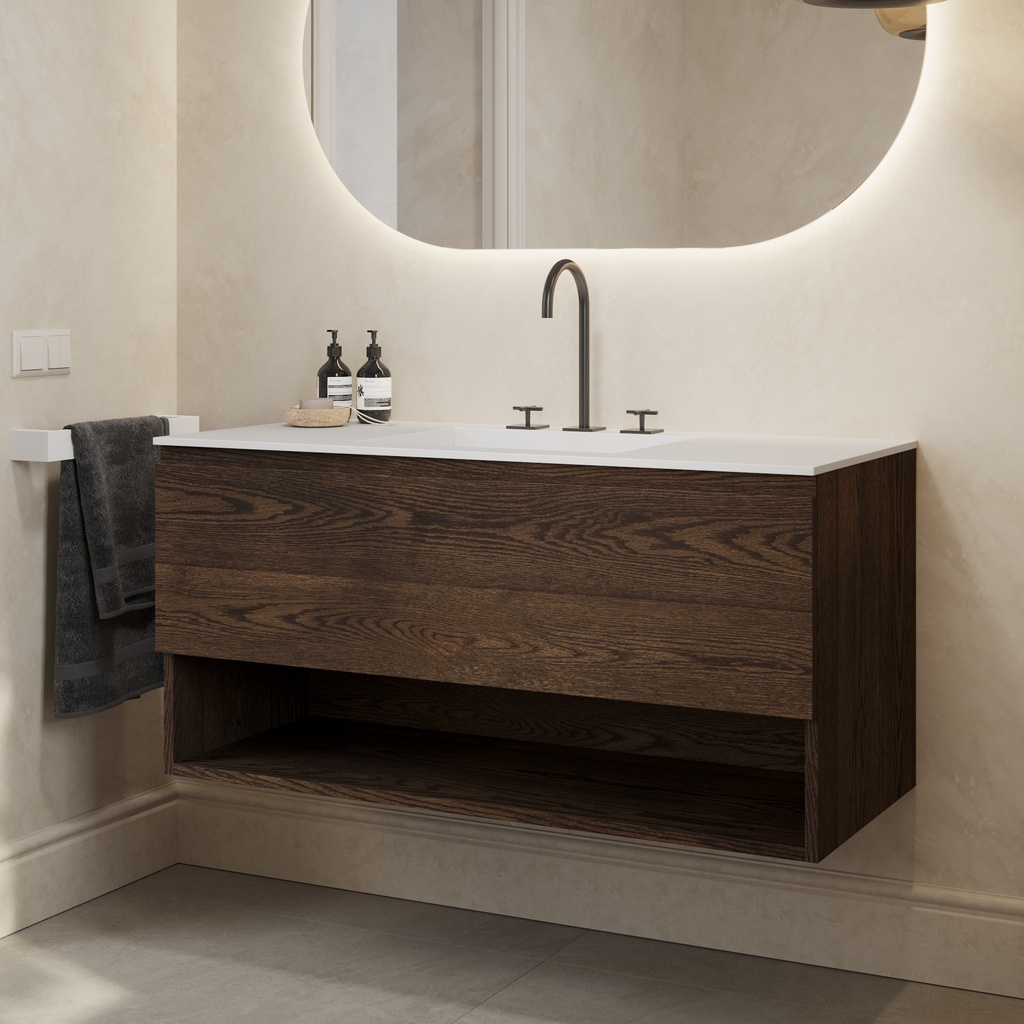 Athena Wood Vanity Unit with Corian® Basin | 1 Drawer · 1 Shelf Dark Std Side