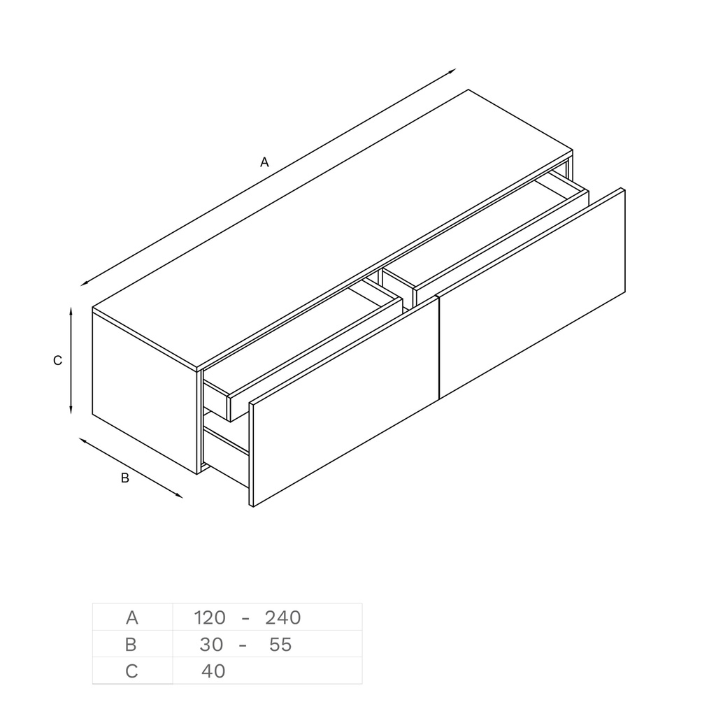 Gaia Classic Bathroom Cabinet | 2 Aligned Drawers Technical Drawing Inner drawer