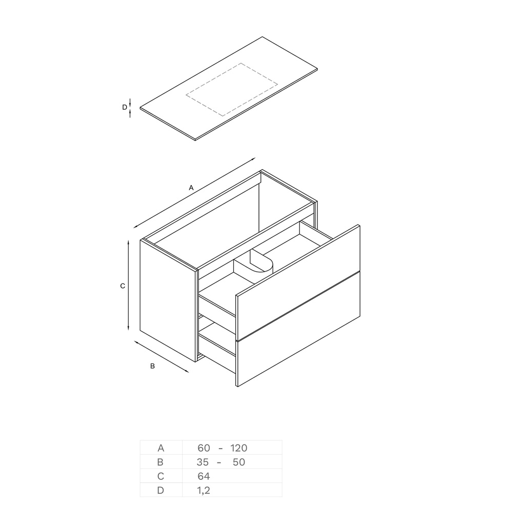 Gaia Classic Edge Vanity Unit with Corian® Basin | 2 Stacked Drawers Technical Drawing