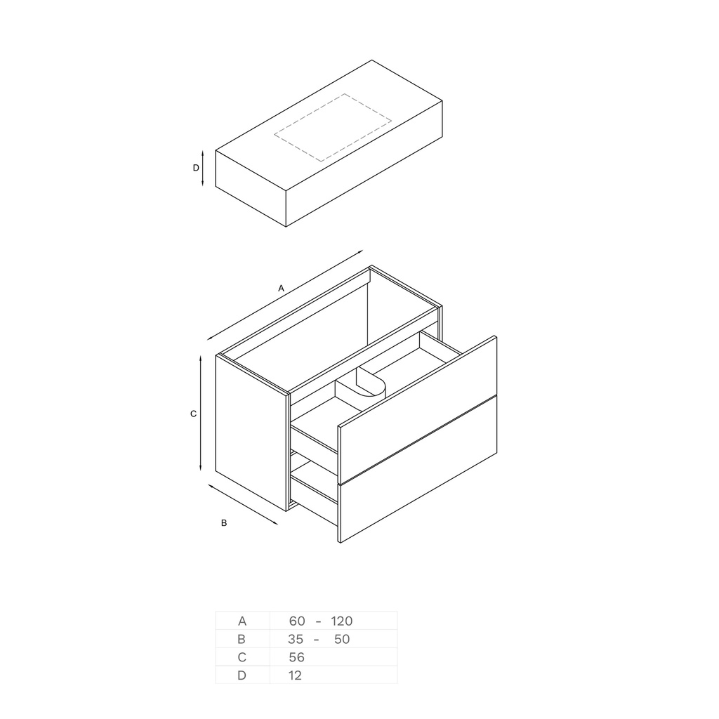 Gaia Classic Edge Vanity Unit with Corian® Basin | 2 Stacked Drawers Technical Drawing 12cm