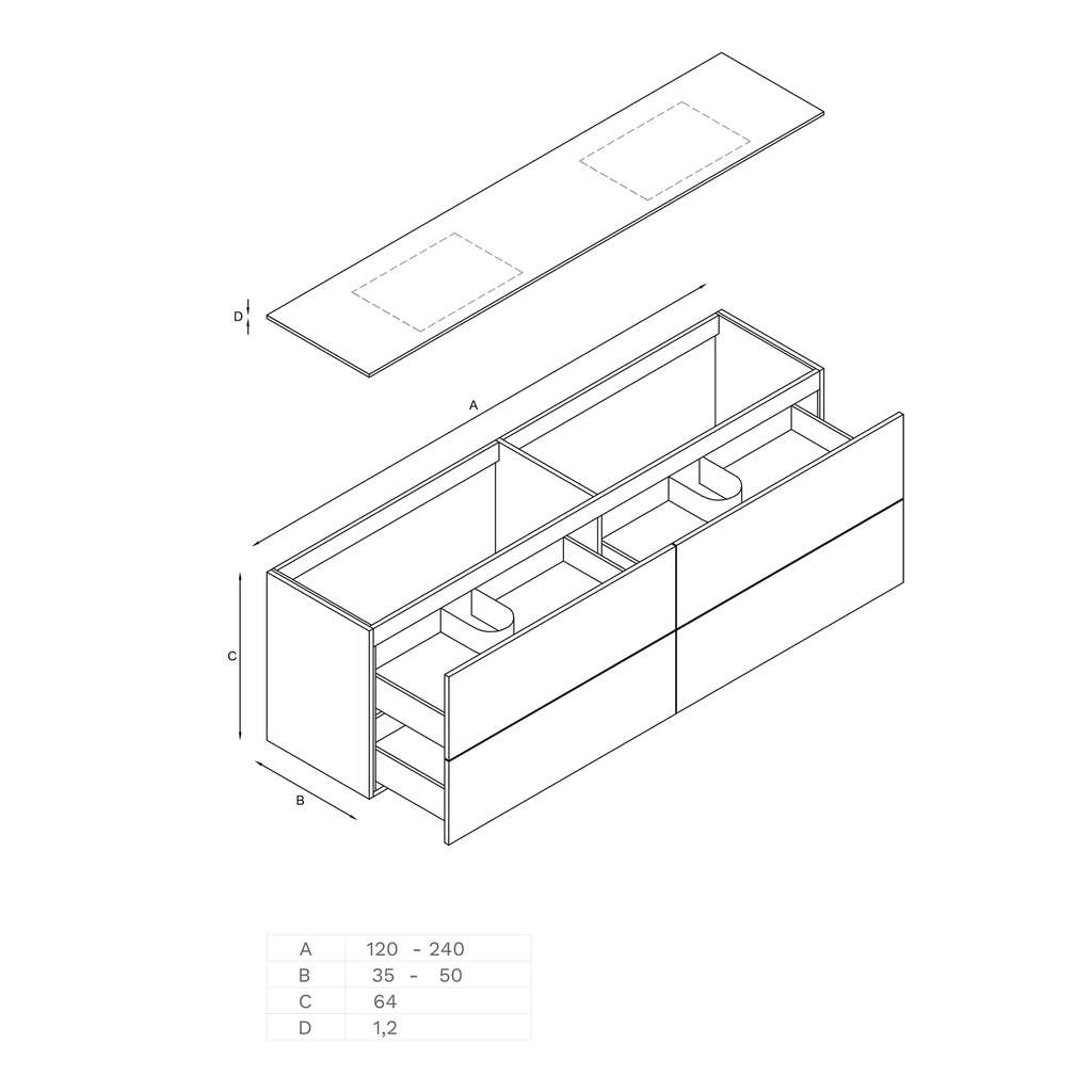 Gaia Wood Vanity Unit with Corian® Basin | 4 Drawers Technical drawing