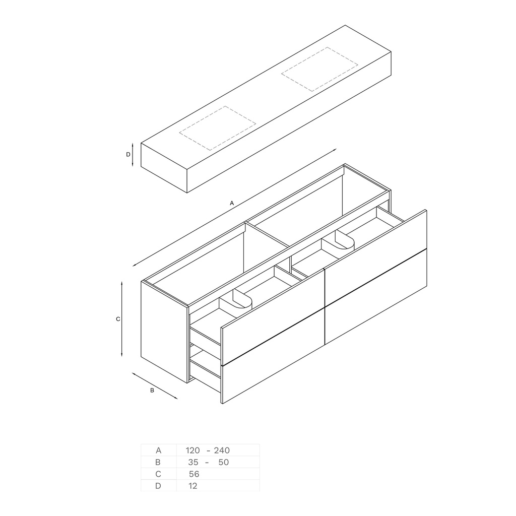 Gaia Wood Vanity Unit with Corian® Basin | 4 Drawers Technical drawing 12cm