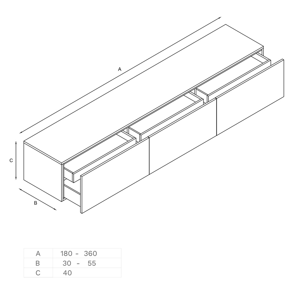 Gaia Classic Edge Bathroom Cabinet | 3 Aligned Drawers Technical Drawing Inner drawer