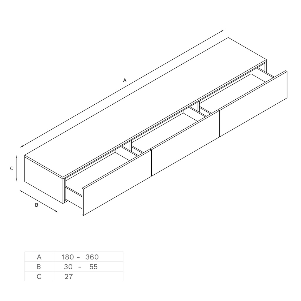 Gaia Classic Edge Bathroom Cabinet | 3 Aligned Drawers technical drawing