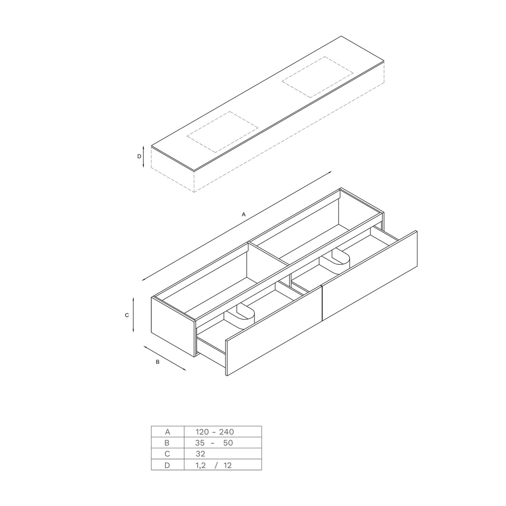 Gaia Classic Vanity Unit with Corian® Basin | 2 Aligned Drawers technical drawing