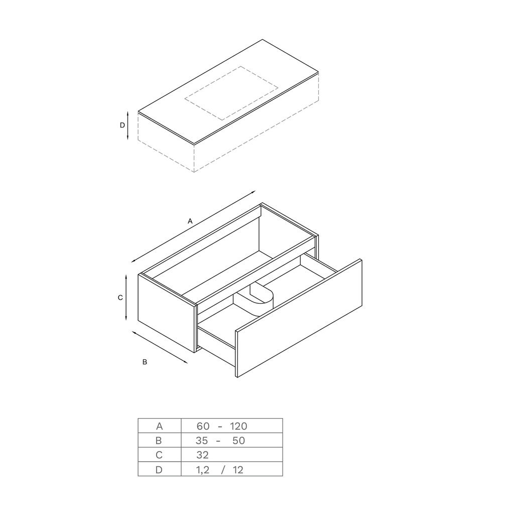 Gaia Corian® Edge Vanity Unit with Corian® Basin | 1 Drawer Technical drawing