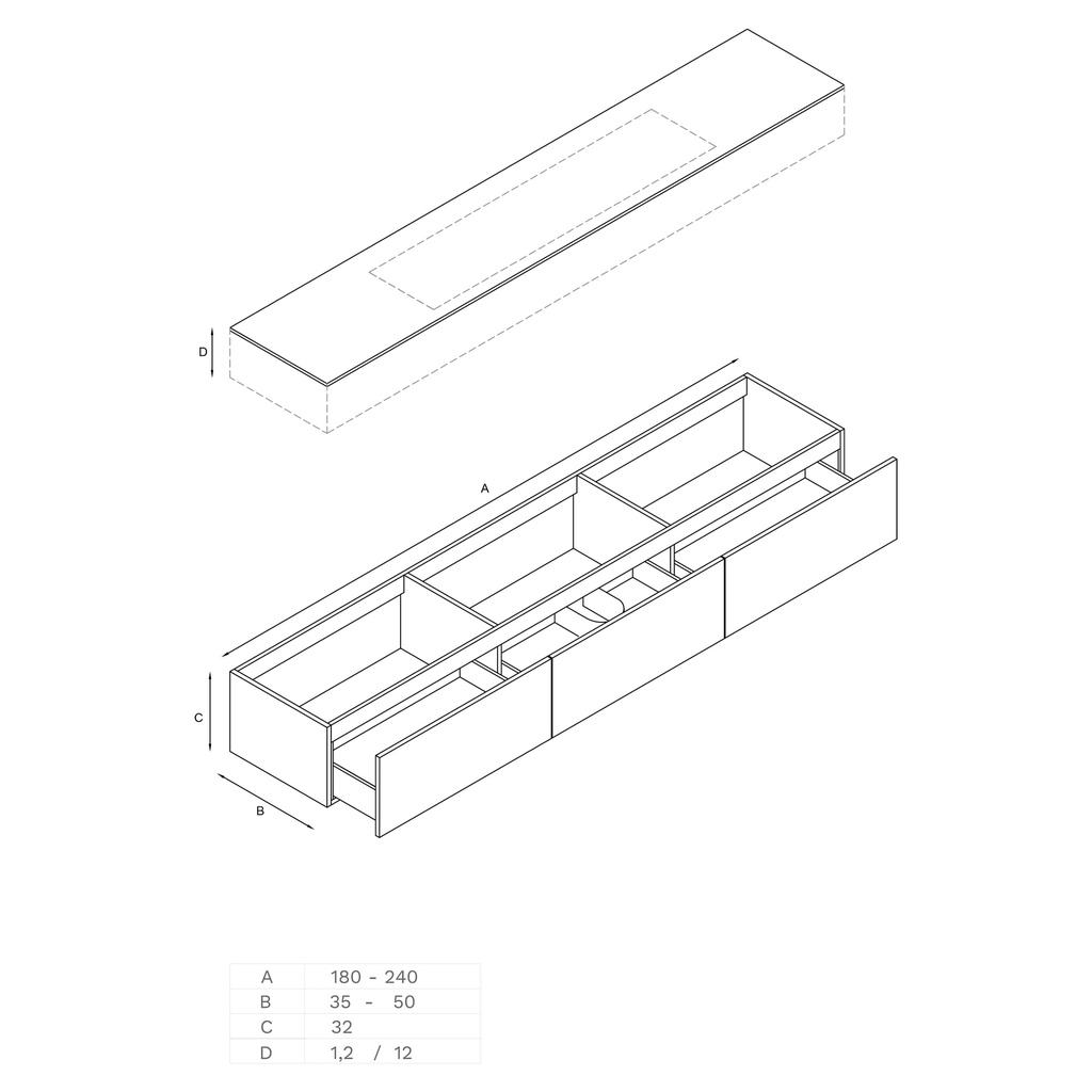 Gaia Classic Edge Vanity Unit with Corian® Basin | 3 Aligned Drawers Technical drawing