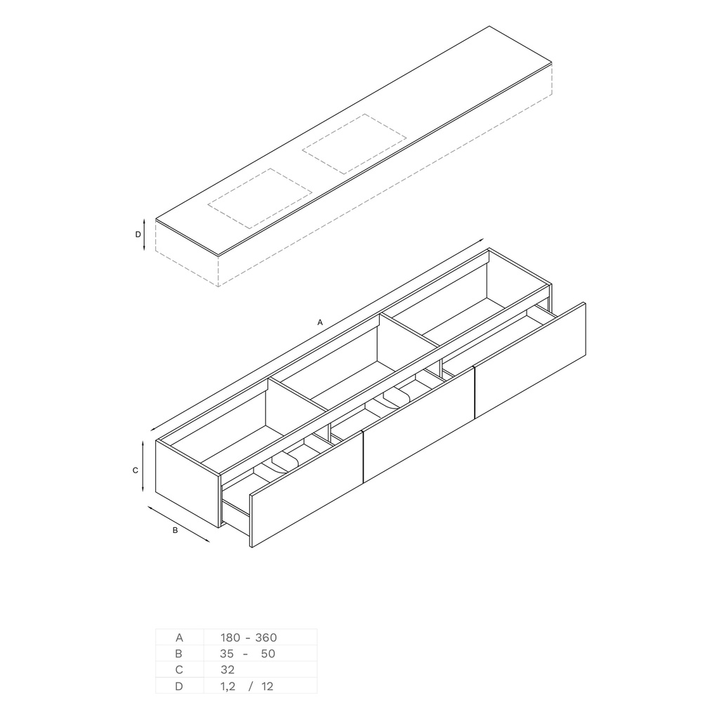 Gaia Wood Vanity Unit with Corian® Basin | 3 Aligned Drawers Technical drawing