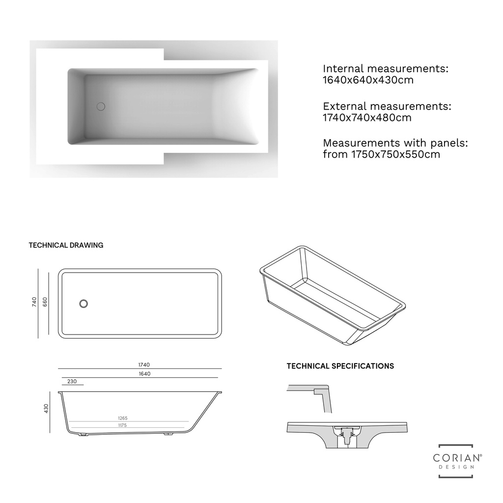 Aquila Bespoke Alcove Bathtub in Corian® TD