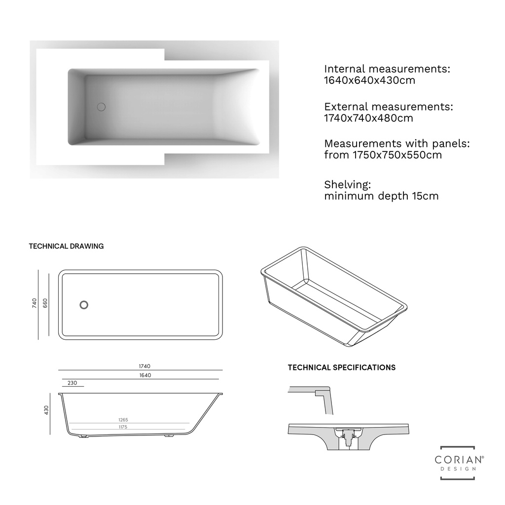 Aquila Bespoke Back-to-Wall Bath in Corian® with Built-in Shelving TD