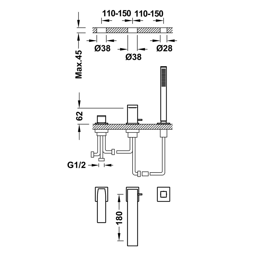 Deck-Mounted Single Lever Bathtub Tap - 20216103 Tres TD