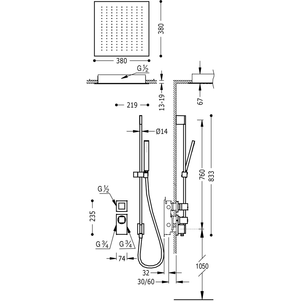 Concealed Thermostatic Single Lever Shower Tap - 20625203 Tres TD