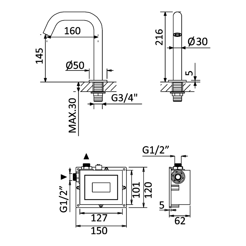 Deck-Mounted Washbasin Tap 230V - 1301160 Bruma td