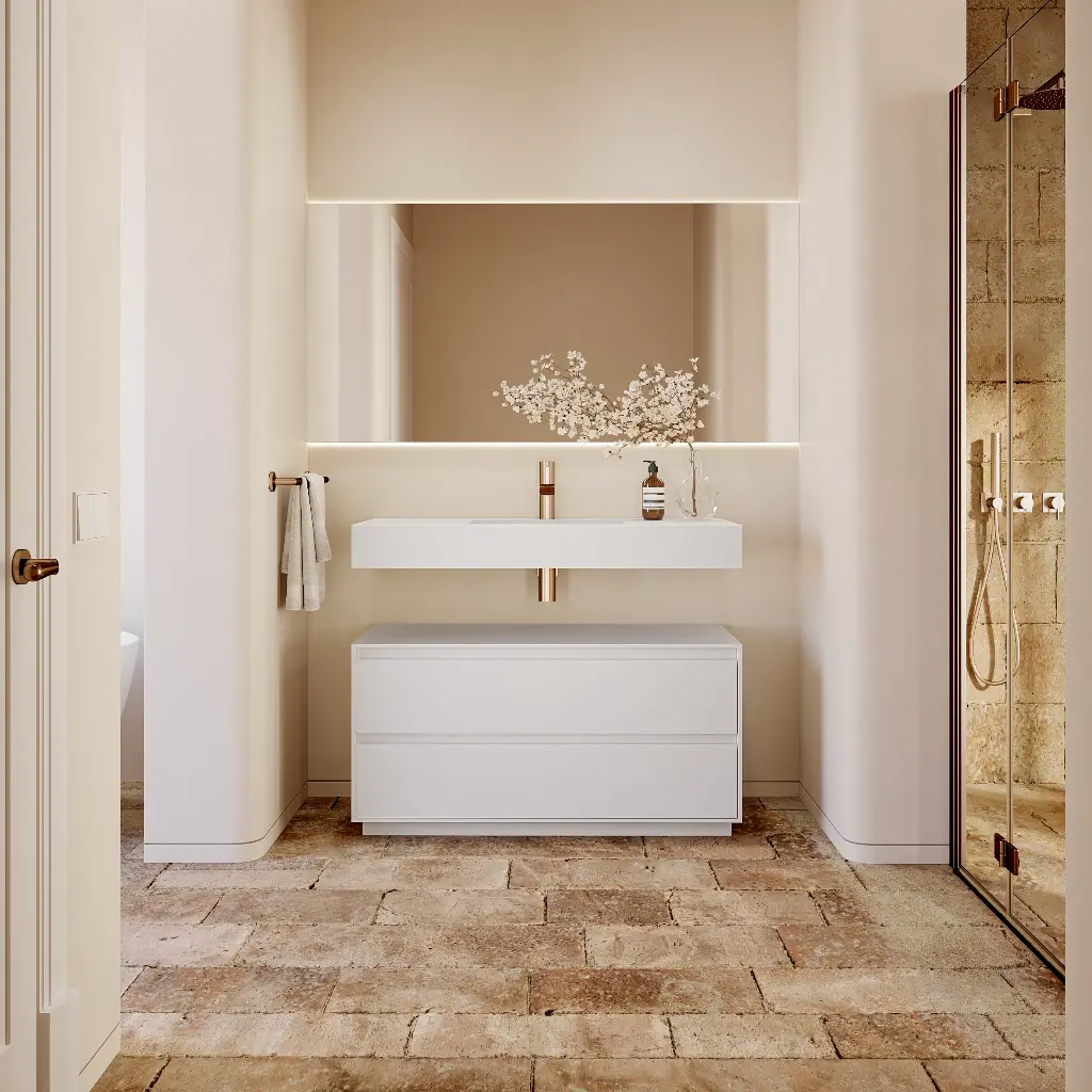 Gaia Corian® Edge Freestanding Bathroom Cabinet | 2 Stacked Drawers Standard Overview Glacier White