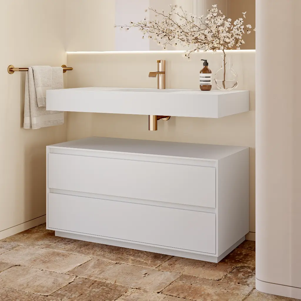 Gaia Corian® Edge Freestanding Bathroom Cabinet | 2 Stacked Drawers Standard Side Glacier White