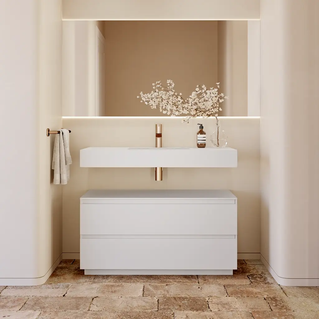 Gaia Corian® Freestanding Bathroom Cabinet | 2 Stacked Drawers Standard Front Glacier White