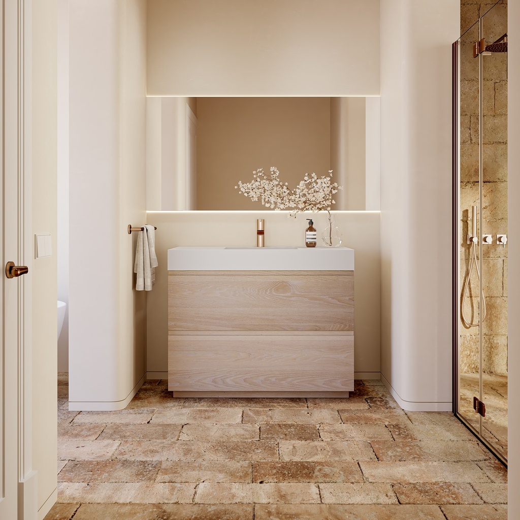 Gaia Wood Freestanding Vanity Unit with Corian® Basin | 2 Stacked Drawers Standard Overview Light