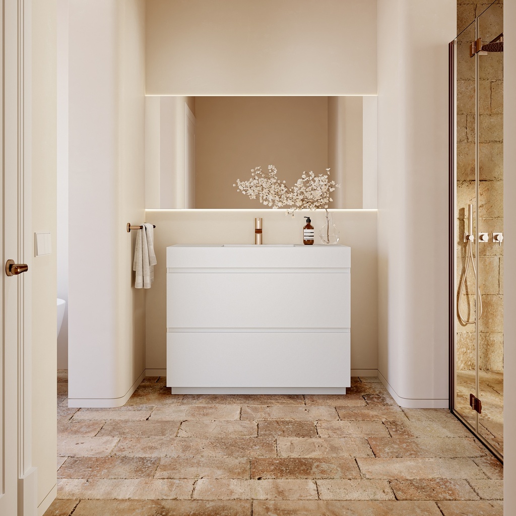 Gaia Classic Freestanding Vanity Unit with Corian® Basin | 2 Stacked Drawers Standard Overview Glacier White