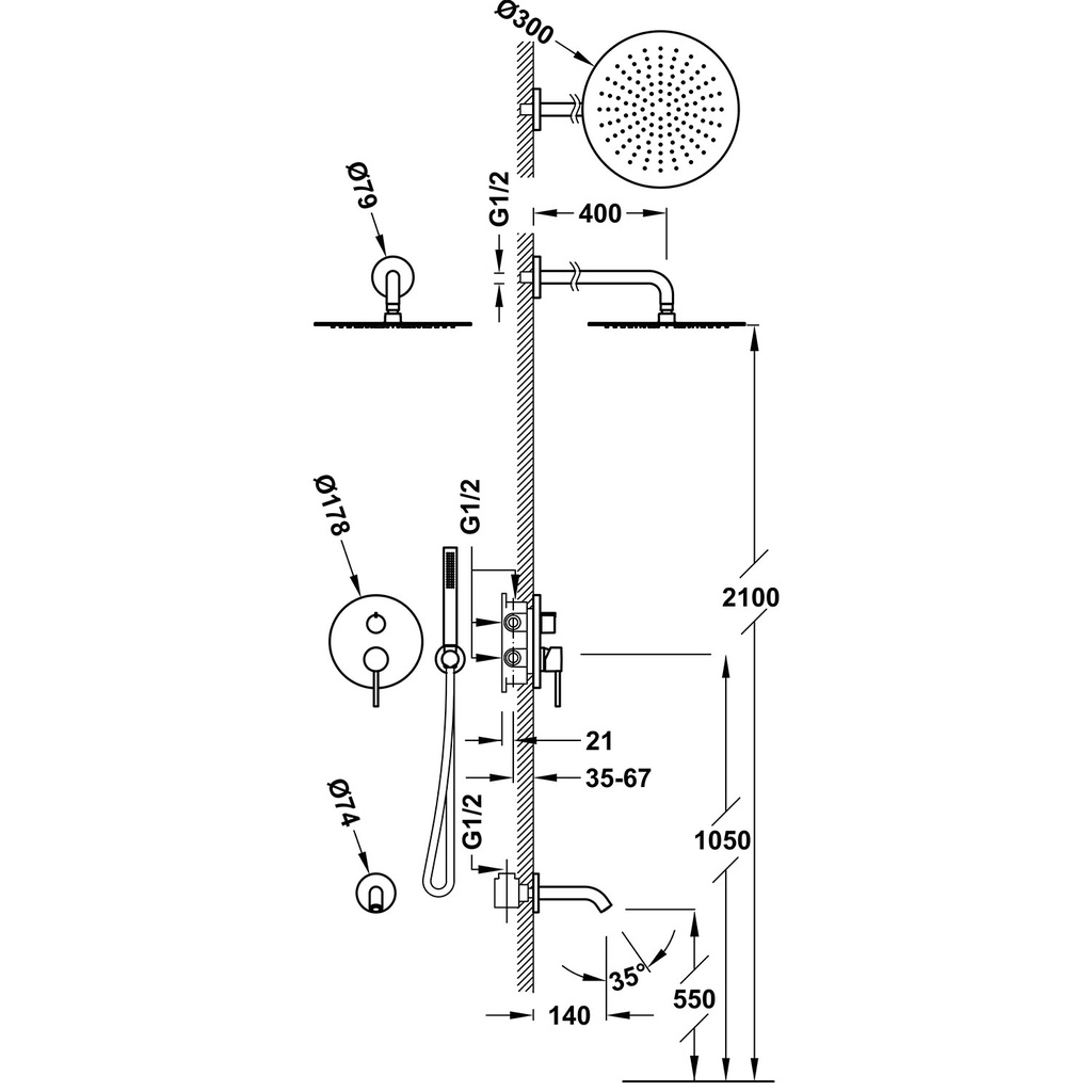 Concealed 3-way Shower Tap ⌀30cm - 26237302 Tres TD