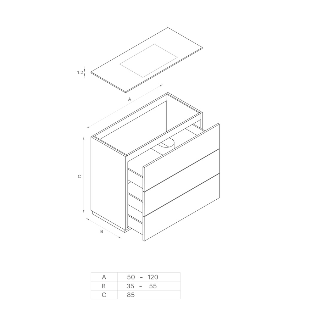 Gaia Classic Edge Freestanding Vanity Unit with Corian® Basin | 3 Stacked Drawers TD