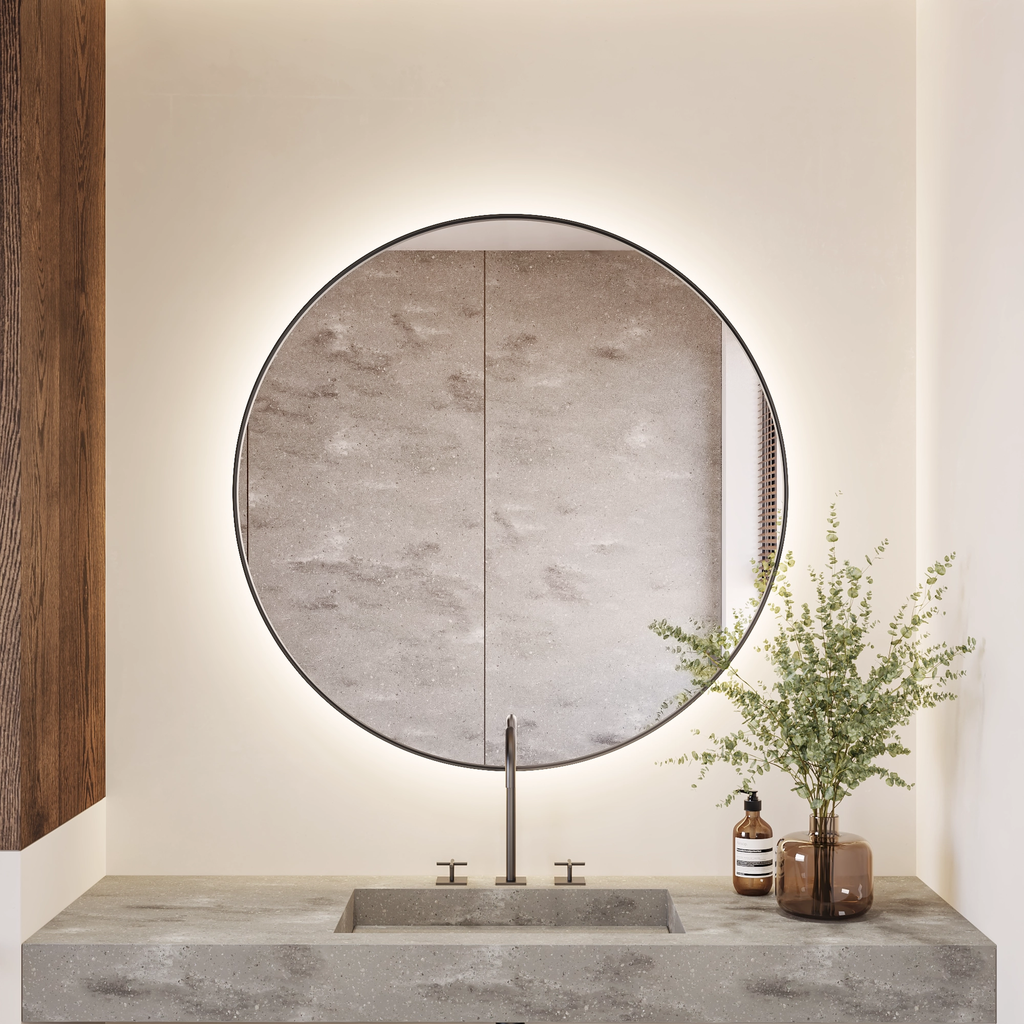 Vega Round Backlit Mirror with Black Frame Front