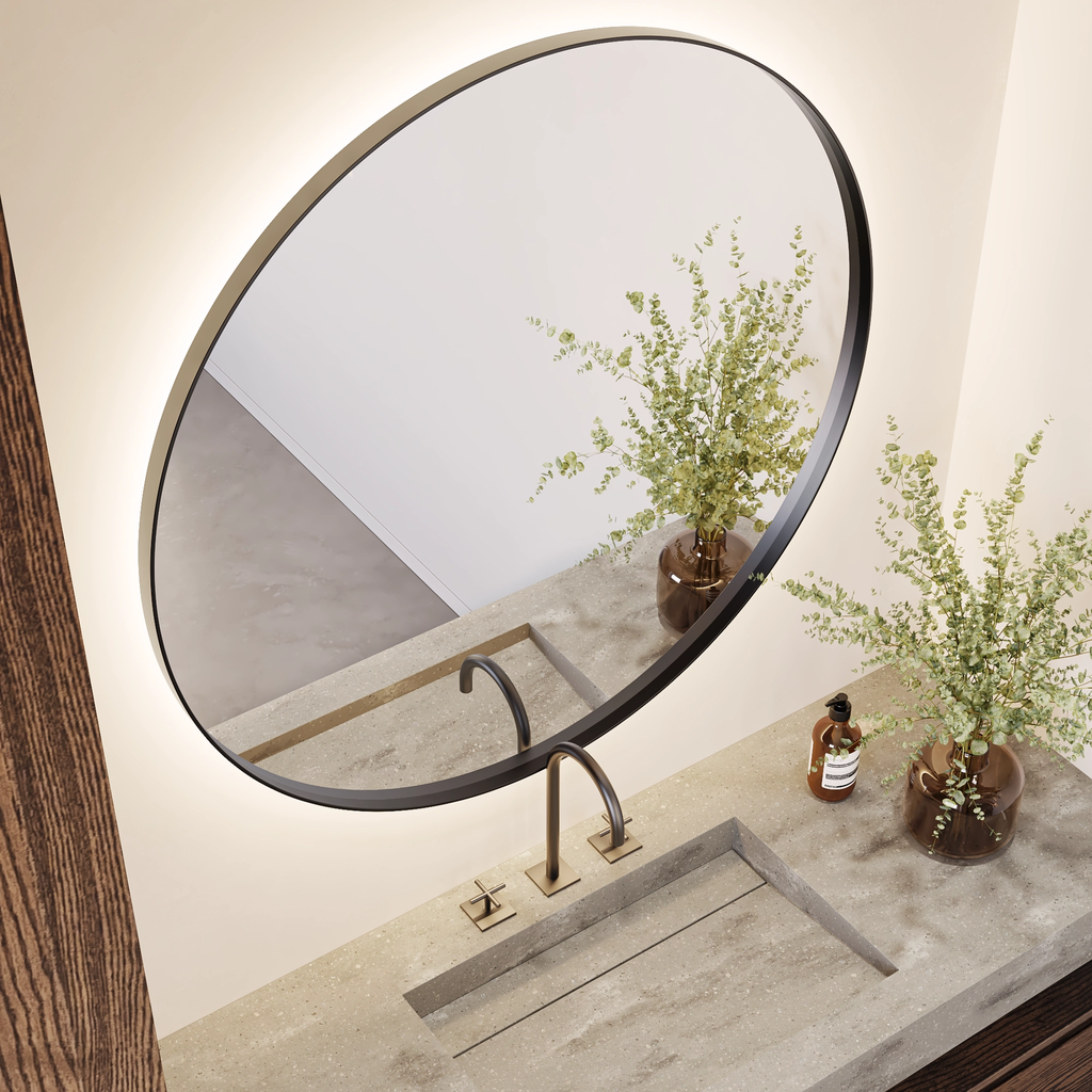 Vega Round Backlit Mirror with Black Frame Top