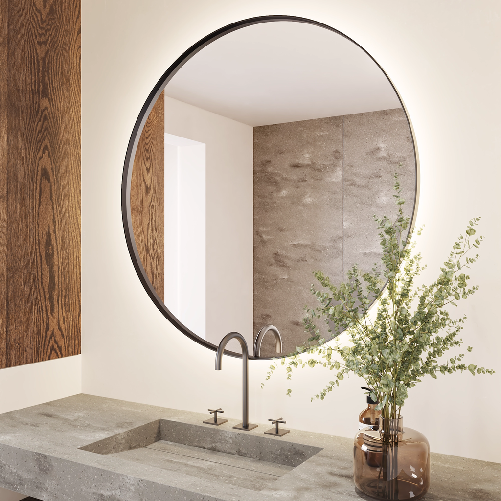 Vega Round Backlit Mirror with Black Frame Right