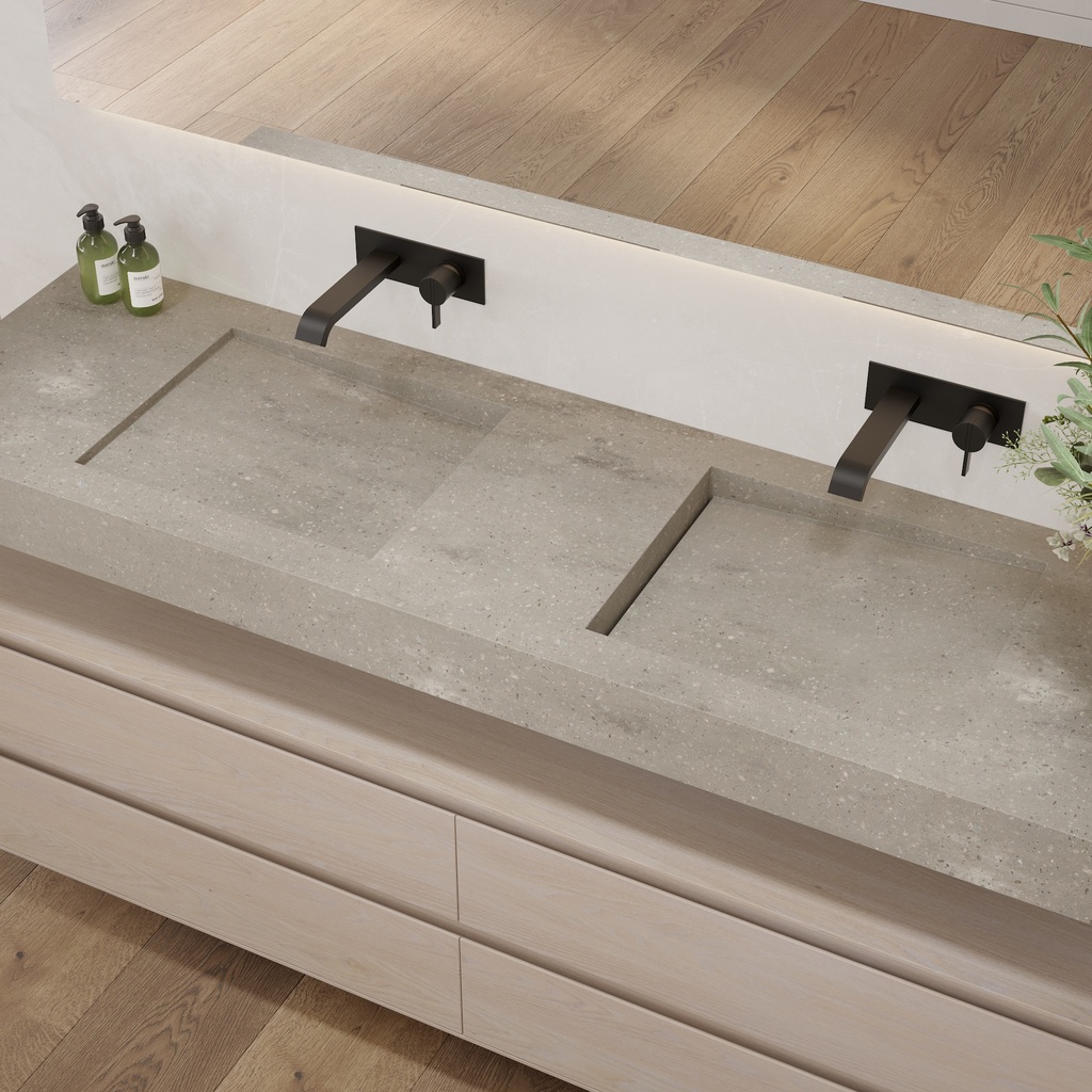 Perseus Slim Corian Double Wall-Hung Washbasin Ash Aggregate Side View