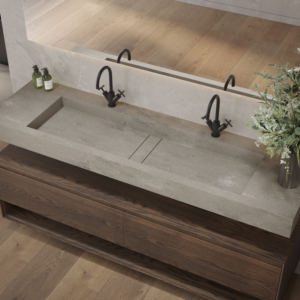 Hatysa Slim Corian Double Wall-Hung Washbasin Ash Aggregate Side View