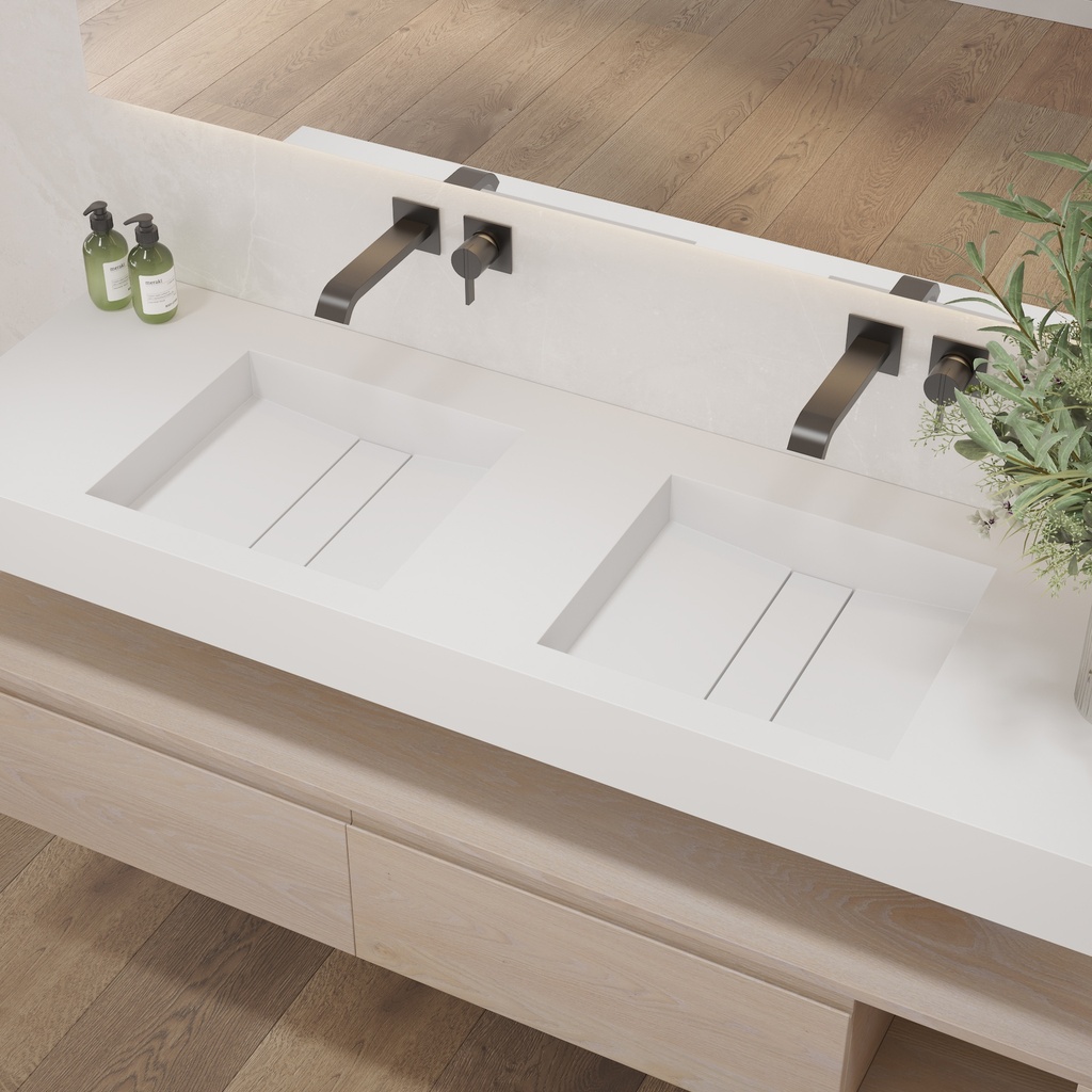 Hatysa Slim Corian Double Wall-Hung Washbasin Glacier White Side View