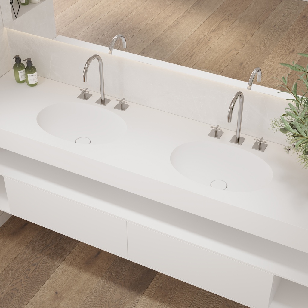 Ara Slim Corian Double Wall-Hung Washbasin Glacier White Side View