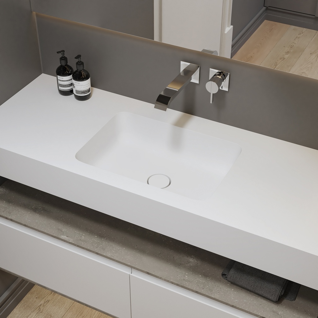 Orion Slim Corian Single Wall-Hung Washbasin Glacier White Side View