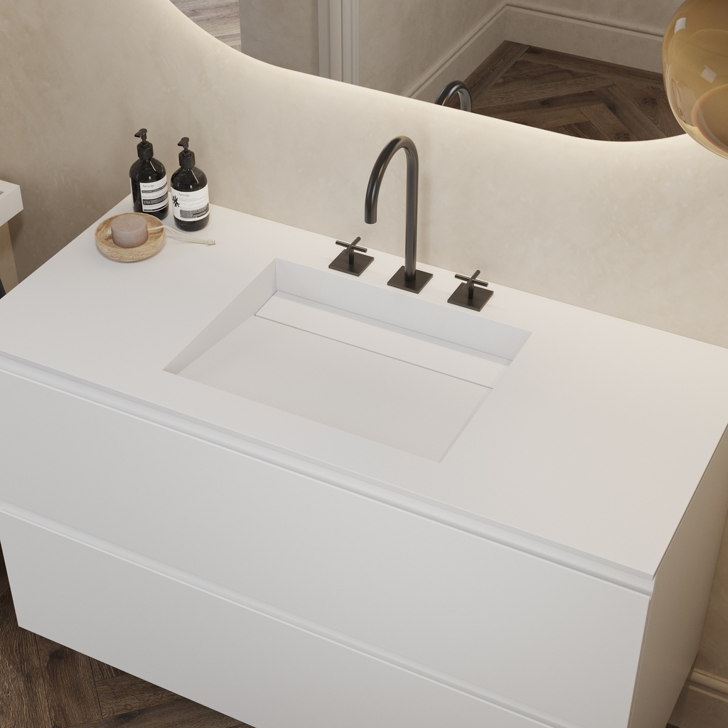 Cassiopeia Corian Single Vanity Top Glacier White Side View