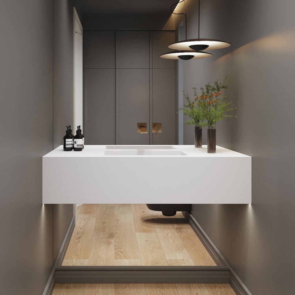 Biham Deep Corian Single Wall-Hung Washbasin Glacier White Front View