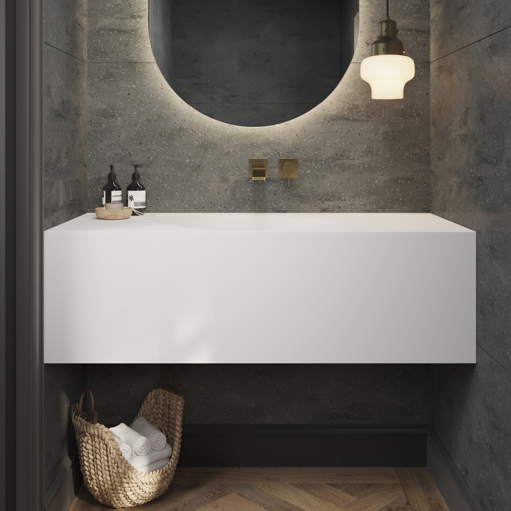 Delta Deep Corian Single Wall-Hung Washbasin Glacier White Front View