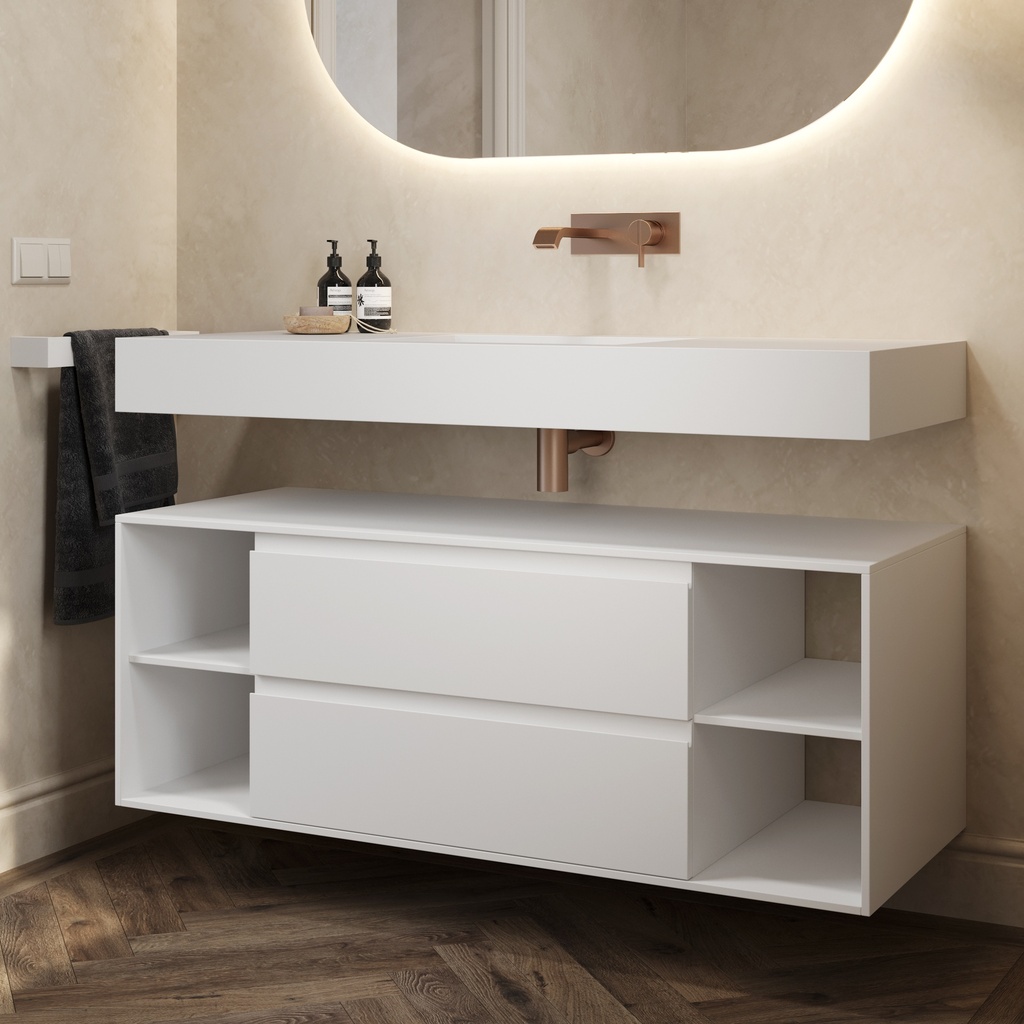 Apollo Classic Edge Bathroom Cabinet 2 Stacked Drawers 4 Shelves Comfort Size White Std handle Side