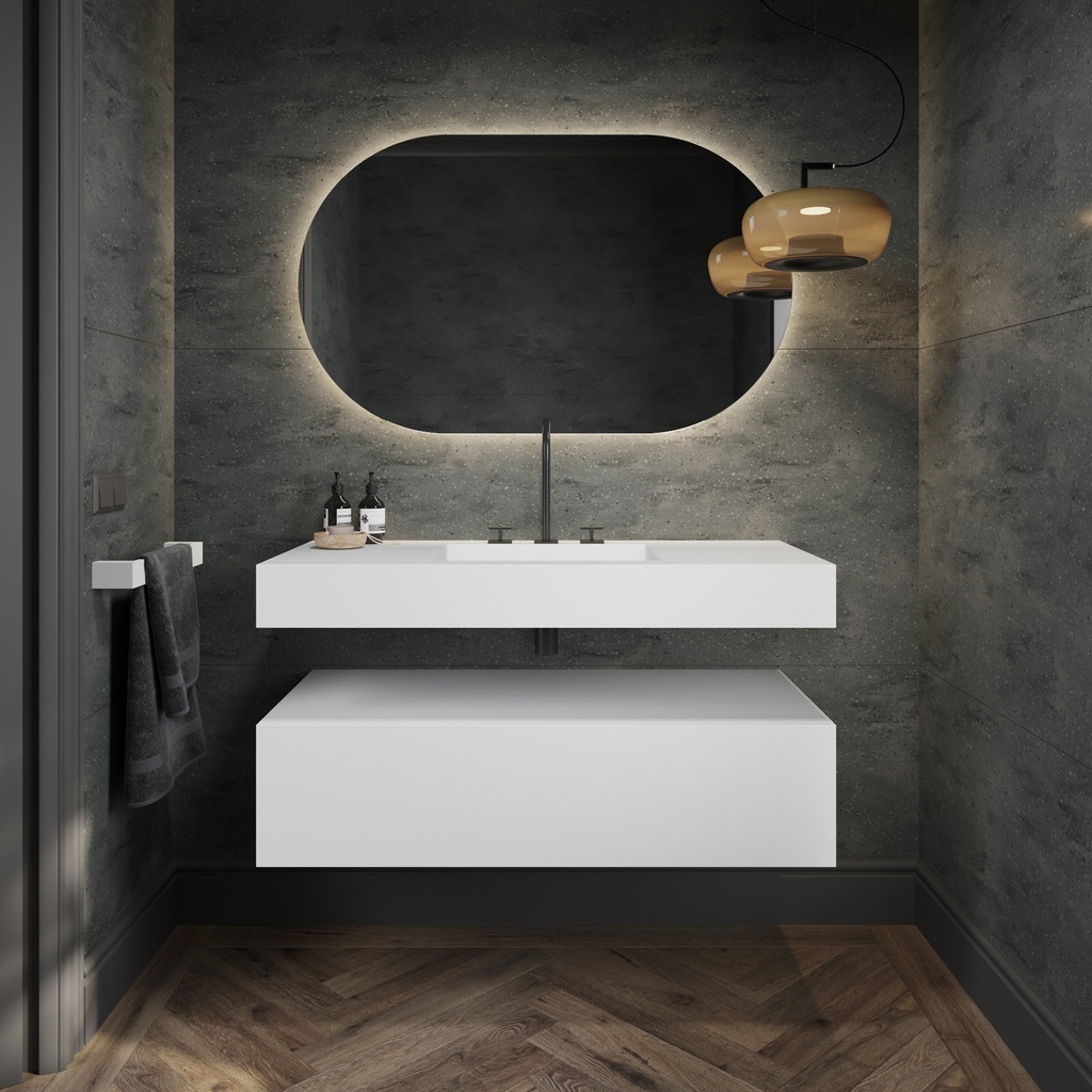 Gaia Corian Bathroom Cabinet 1 Drawer  White Push Front View