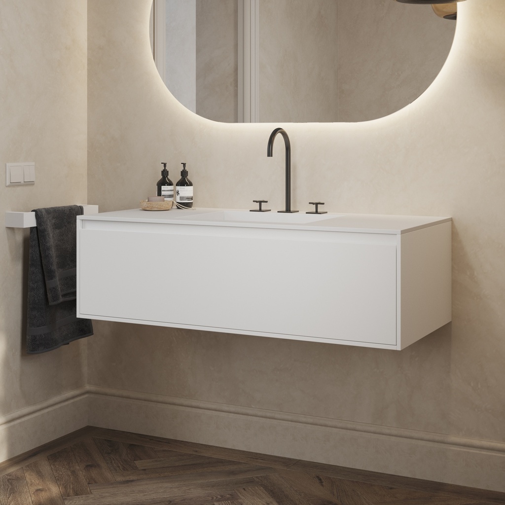 Gaia Classic Edge Vanity Unit with Corian Basin 1 Drawer White Std handle Side View