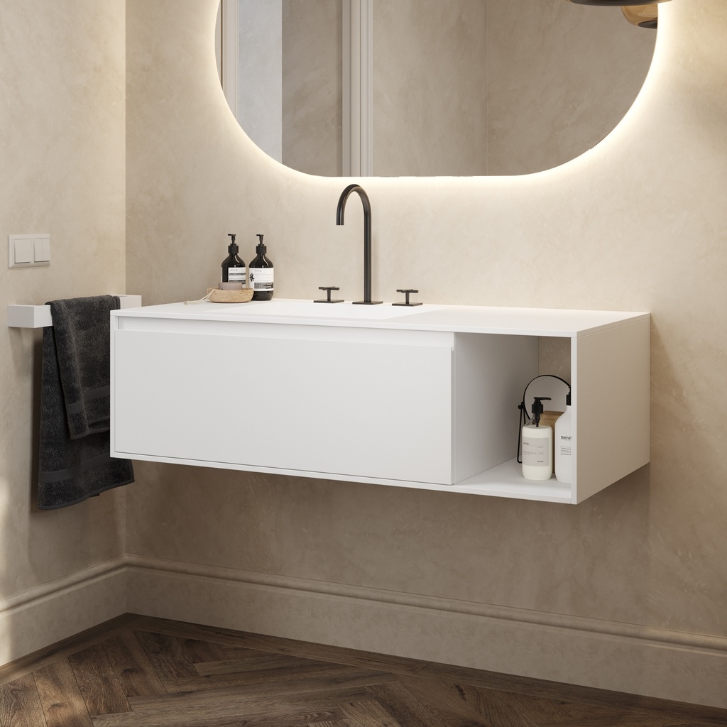 Apollo Classic Edge Vanity Unit with Corian Basin 1 Drawer 1 Shelf Comfort Size White Std handle Side