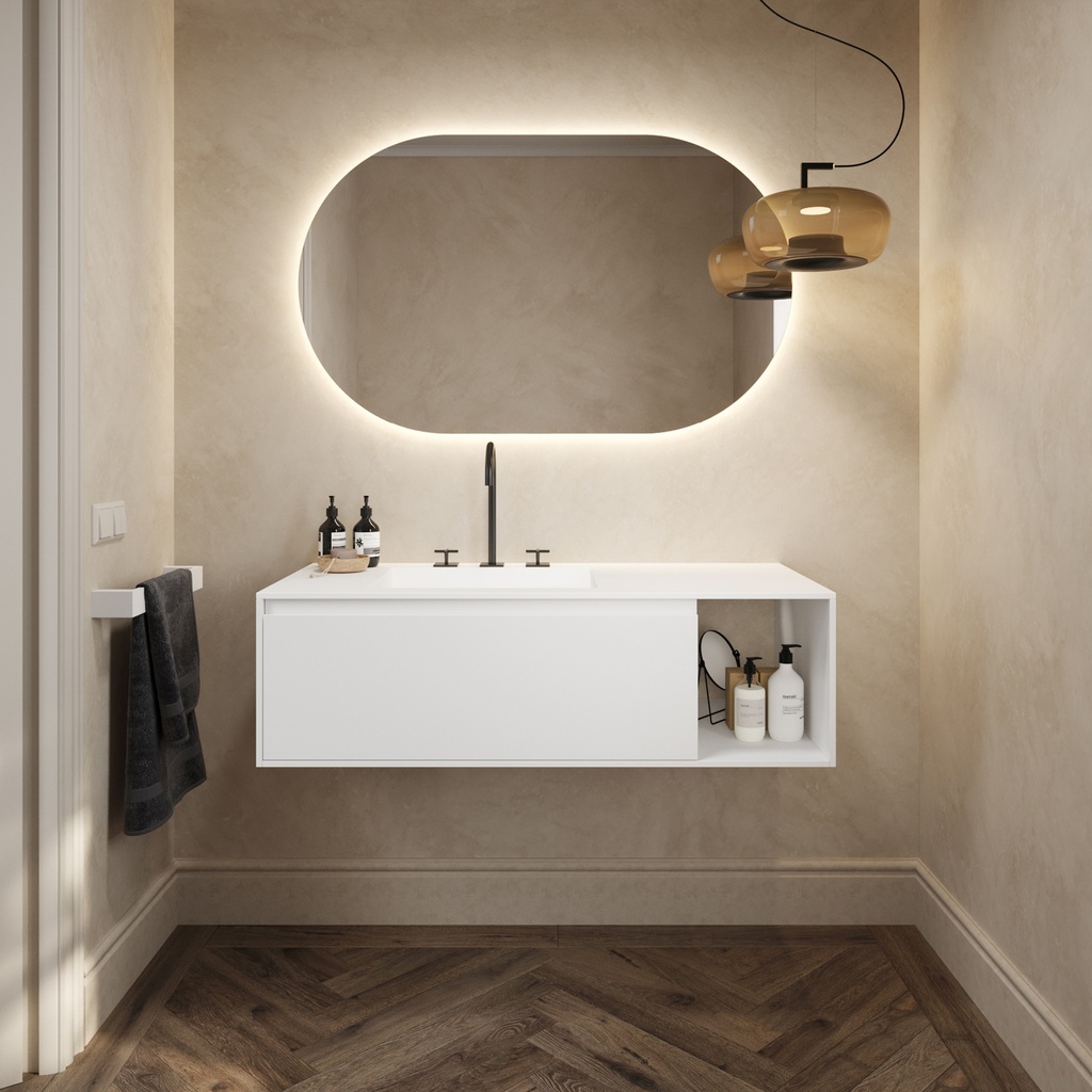 Apollo Classic Edge Vanity Unit with Corian Basin 1 Drawer 1 Shelf Comfort Size White Std handle Front