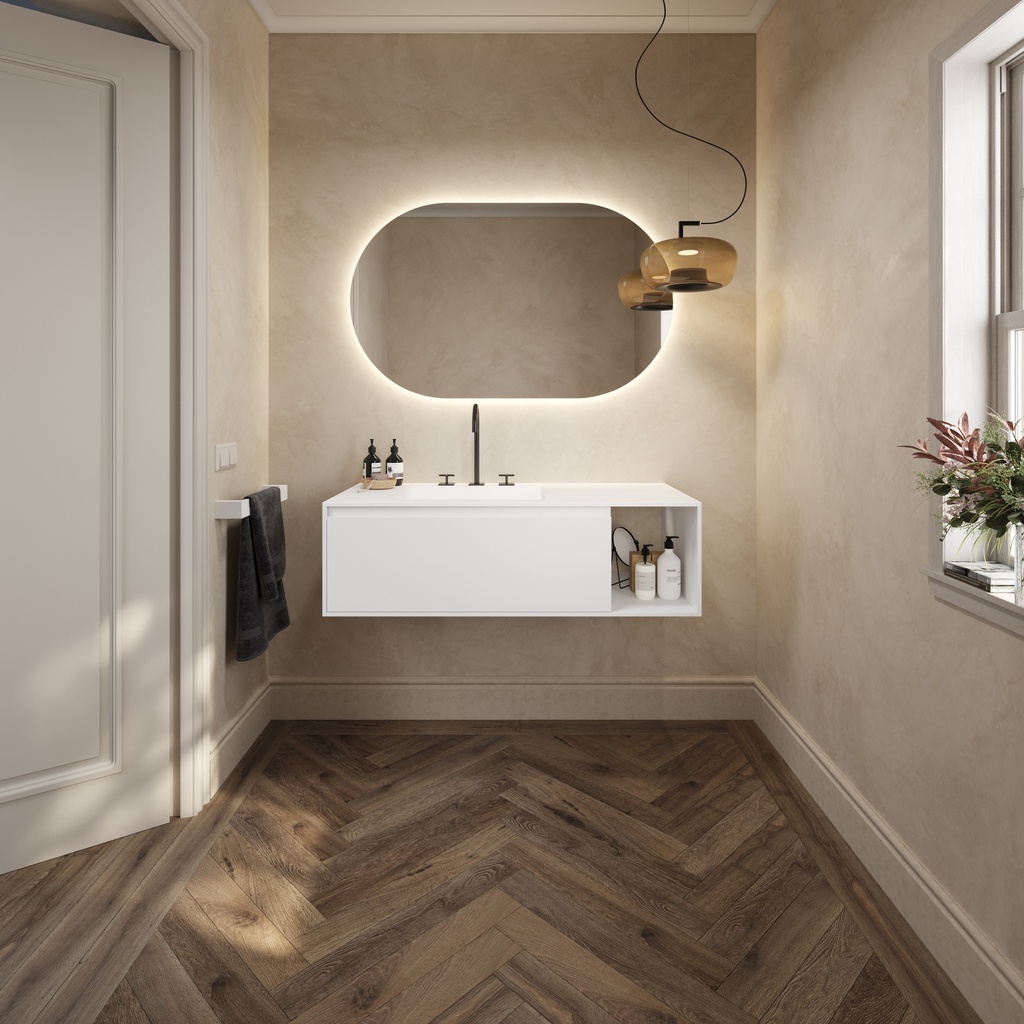 Apollo Classic Edge Vanity Unit with Corian Basin 1 Drawer 1 Shelf Comfort Size White Std handle Overview