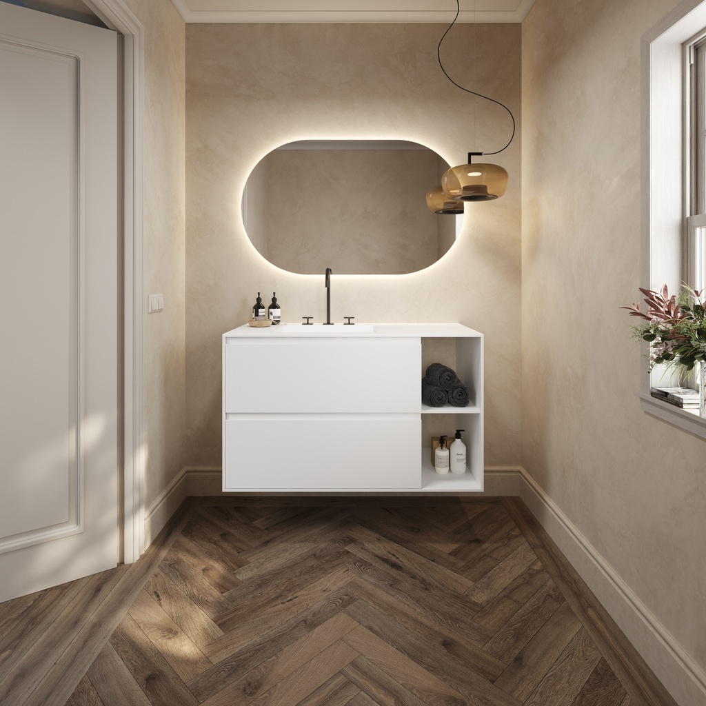Apollo Classic Edge Vanity Unit with Corian Basin 2 Stacked Drawers 2 Shelves Comfort Size White Std handle Overview