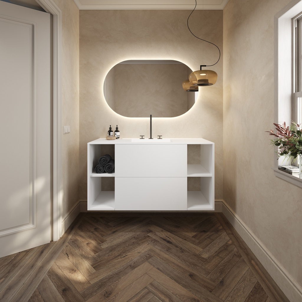 Apollo Classic Vanity Unit with Corian Basin 2 Stacked Drawers 4 Shelves Comfort Size White Push Pull Overview